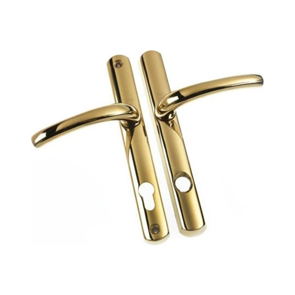 A polished gold Yale security handle with a keyhole, designed for door furniture.