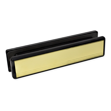 A gold-colored Yale UPVC door letterbox with a polished finish and a spring-loaded aluminum flap.