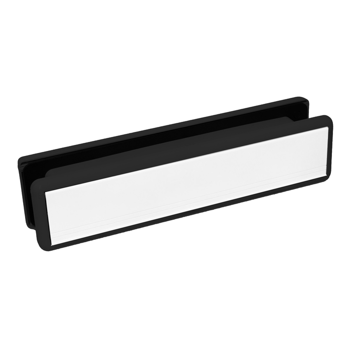 A white UPVC door letterbox with a black surround and a visible spring-loaded aluminum flap.
