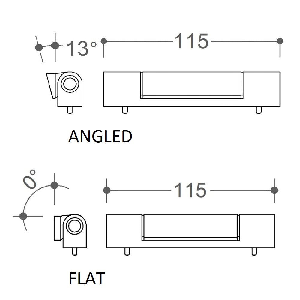 Technical diagram comparing two configurations of a uPVC door handle or latch component: "Angled" and "Flat." Both configurations have a width of 115 mm.